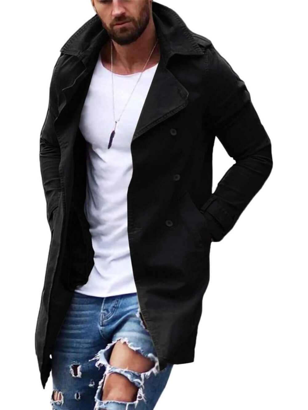 Mens Black Double Breasted Trench Coat Notched Lapel Slim Fit Long Overcoat